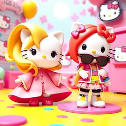A vibrant 3D scene featuring two Hello Kitty characters: one character is a blonde with long hair styled elegantly, wearing a wide, flowy outfit that exudes a playful and cute aesthetic