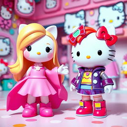 A vibrant 3D scene featuring two Hello Kitty characters: one character is a blonde with long hair styled elegantly, wearing a wide, flowy outfit that exudes a playful and cute aesthetic