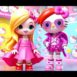 A vibrant 3D scene featuring two Hello Kitty characters: one character is a blonde with long hair styled elegantly, wearing a wide, flowy outfit that exudes a playful and cute aesthetic