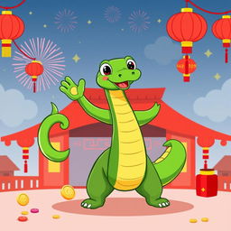 A vibrant and playful cartoon illustration featuring a green snake triumphantly standing over a cartoon bear