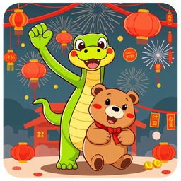 A vibrant and playful cartoon illustration featuring a green snake triumphantly standing over a cartoon bear