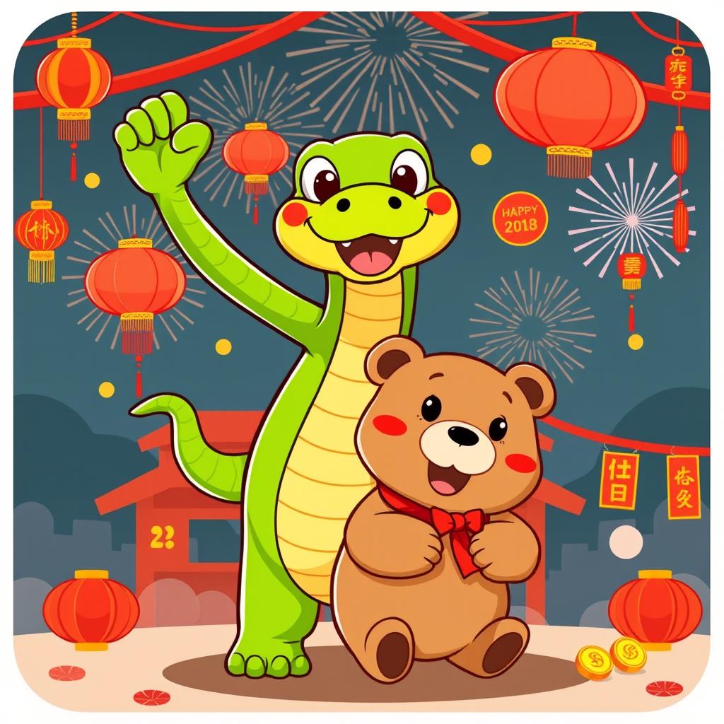 A vibrant and playful cartoon illustration featuring a green snake triumphantly standing over a cartoon bear