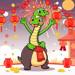 A vibrant and playful cartoon illustration featuring a green snake triumphantly standing over a cartoon bear