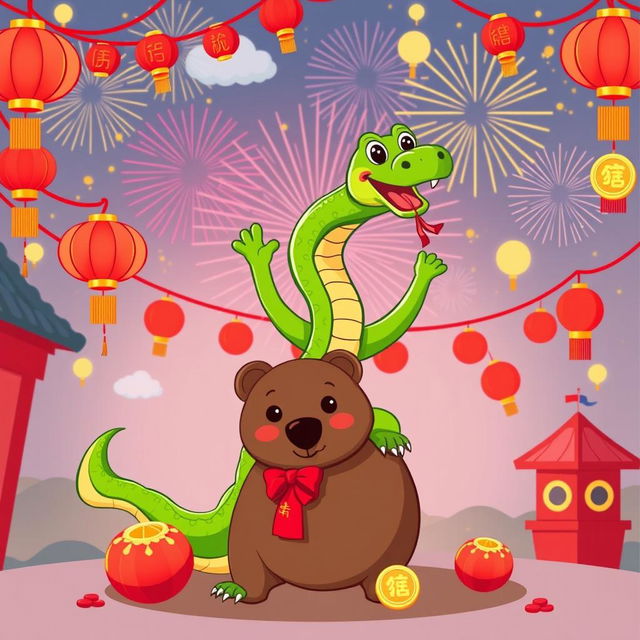 A vibrant and playful cartoon illustration featuring a green snake triumphantly standing over a cartoon bear