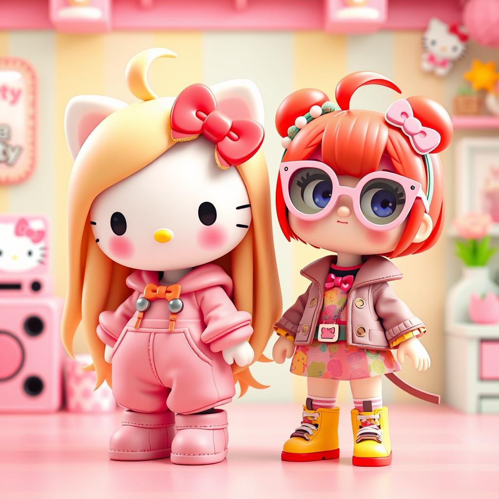 A vibrant 3D illustration showcasing two adorable Hello Kitty characters: the first is a blonde with long, flowing hair, dressed in a wide, oversized outfit that embodies cuteness and charm