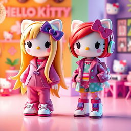 A vibrant 3D illustration showcasing two adorable Hello Kitty characters: the first is a blonde with long, flowing hair, dressed in a wide, oversized outfit that embodies cuteness and charm