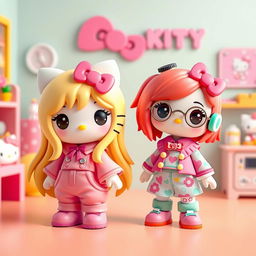 A vibrant 3D illustration showcasing two adorable Hello Kitty characters: the first is a blonde with long, flowing hair, dressed in a wide, oversized outfit that embodies cuteness and charm