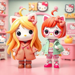 A vibrant 3D illustration showcasing two adorable Hello Kitty characters: the first is a blonde with long, flowing hair, dressed in a wide, oversized outfit that embodies cuteness and charm