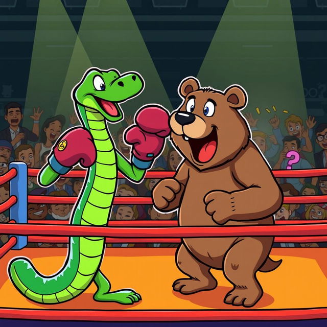 A cartoonish scene featuring a green snake triumphantly defeating a bear in a boxing ring