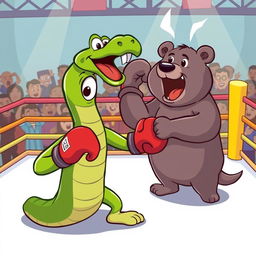 A cartoonish scene featuring a green snake triumphantly defeating a bear in a boxing ring