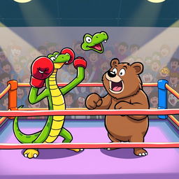 A cartoonish scene featuring a green snake triumphantly defeating a bear in a boxing ring