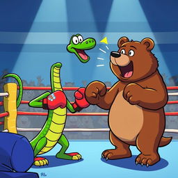 A cartoonish scene featuring a green snake triumphantly defeating a bear in a boxing ring