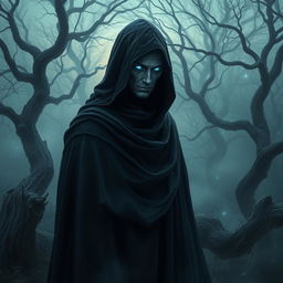 A beautifully detailed portrait of a mysterious figure cloaked in a flowing dark robe, standing in a foggy forest at twilight