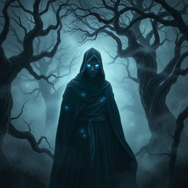 A beautifully detailed portrait of a mysterious figure cloaked in a flowing dark robe, standing in a foggy forest at twilight