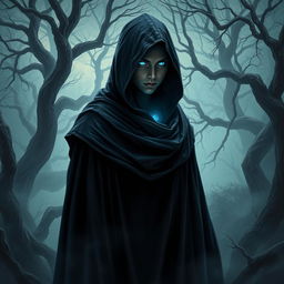 A beautifully detailed portrait of a mysterious figure cloaked in a flowing dark robe, standing in a foggy forest at twilight