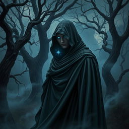 A beautifully detailed portrait of a mysterious figure cloaked in a flowing dark robe, standing in a foggy forest at twilight