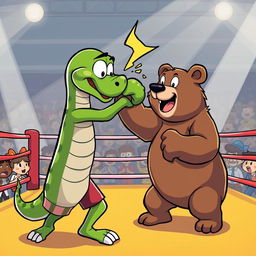 A dynamic cartoon scene depicting a green snake engaging in a boxing match with a bear in a boxing ring