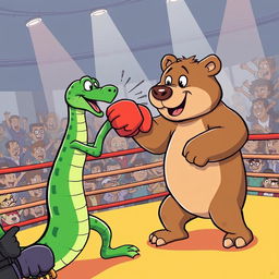 A dynamic cartoon scene depicting a green snake engaging in a boxing match with a bear in a boxing ring