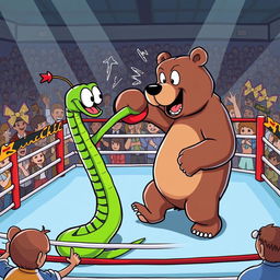 A dynamic cartoon scene depicting a green snake engaging in a boxing match with a bear in a boxing ring