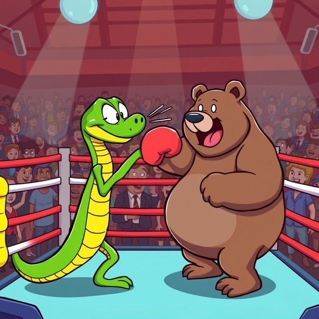 A dynamic cartoon scene depicting a green snake engaging in a boxing match with a bear in a boxing ring