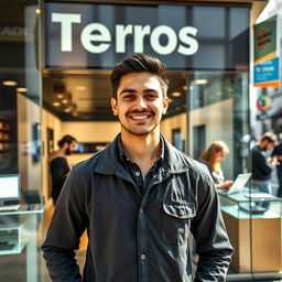 A portrait of a successful young man, previously a repair technician, now confidently standing in front of his own modern technology business storefront