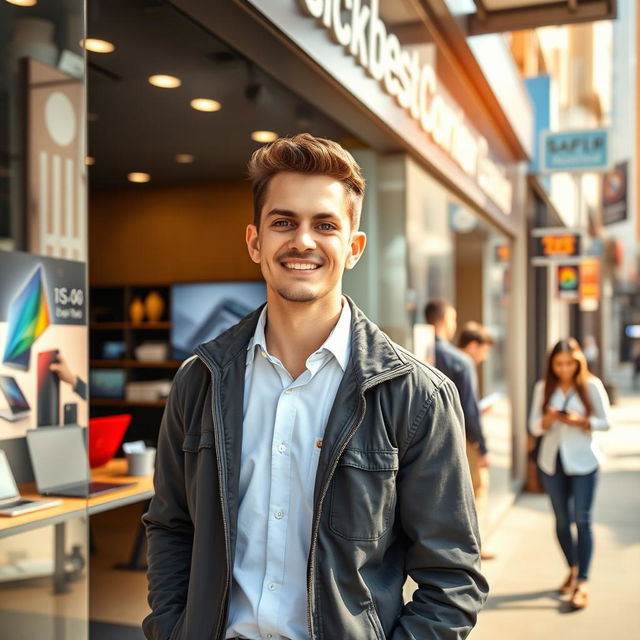 A portrait of a successful young man, previously a repair technician, now confidently standing in front of his own modern technology business storefront