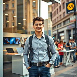 A portrait of a successful young man, previously a repair technician, now confidently standing in front of his own modern technology business storefront