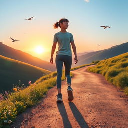 A serene scene depicting a young person taking a small step on a winding path that leads toward a beautiful sunrise on the horizon, symbolizing hope and future dreams