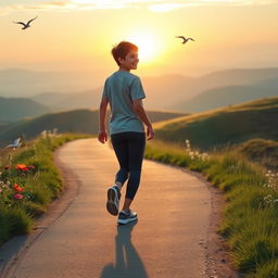 A serene scene depicting a young person taking a small step on a winding path that leads toward a beautiful sunrise on the horizon, symbolizing hope and future dreams