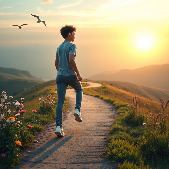 A serene scene depicting a young person taking a small step on a winding path that leads toward a beautiful sunrise on the horizon, symbolizing hope and future dreams