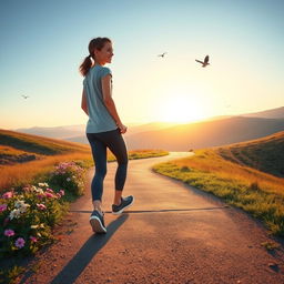 A serene scene depicting a young person taking a small step on a winding path that leads toward a beautiful sunrise on the horizon, symbolizing hope and future dreams