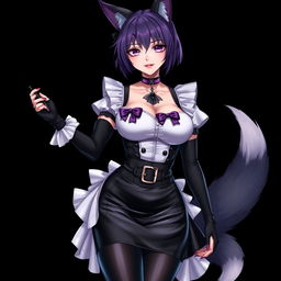 A sexy gothic semi-realistic anime kitsune girl maid, featuring striking gothic makeup and shoulder-length purple hair styled in a bun, accentuated by a black hairpin