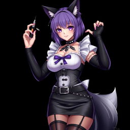 A sexy gothic semi-realistic anime kitsune girl maid, featuring striking gothic makeup and shoulder-length purple hair styled in a bun, accentuated by a black hairpin