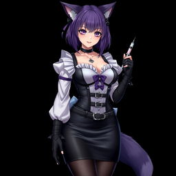 A sexy gothic semi-realistic anime kitsune girl maid, featuring striking gothic makeup and shoulder-length purple hair styled in a bun, accentuated by a black hairpin