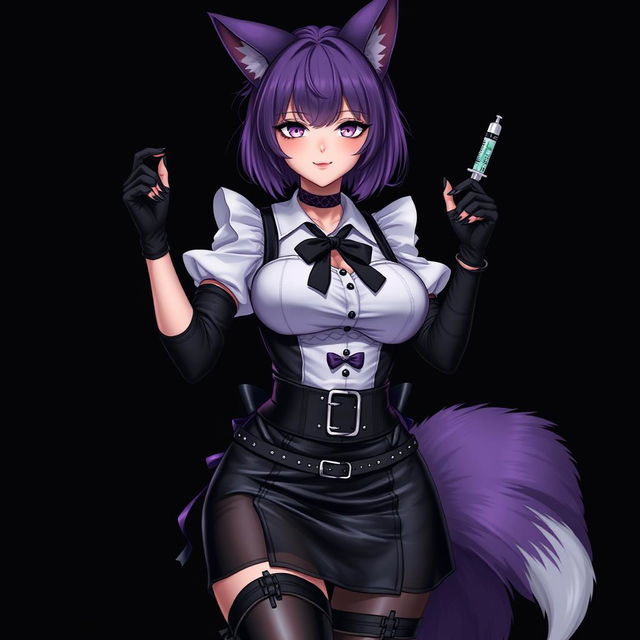 A sexy gothic semi-realistic anime kitsune girl maid, featuring striking gothic makeup and shoulder-length purple hair styled in a bun, accentuated by a black hairpin