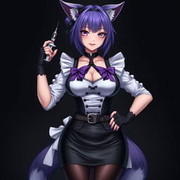 A sexy gothic semi-realistic anime kitsune girl maid, featuring striking gothic makeup and shoulder-length purple hair styled in a bun, accented by a black hairpin