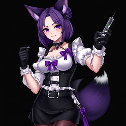 A sexy gothic semi-realistic anime kitsune girl maid, featuring striking gothic makeup and shoulder-length purple hair styled in a bun, accented by a black hairpin