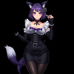 A sexy gothic semi-realistic anime kitsune girl maid, featuring striking gothic makeup and shoulder-length purple hair styled in a bun, accented by a black hairpin