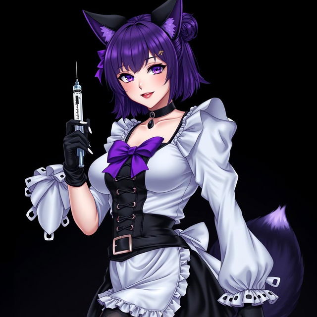 A sexy gothic semi-realistic anime kitsune girl maid, featuring striking gothic makeup and shoulder-length purple hair styled in a bun, accented by a black hairpin