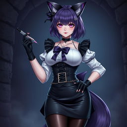 A sexy gothic semi-realistic anime kitsune girl maid, featuring striking gothic makeup and shoulder-length purple hair styled in a bun, adorned with a black hairpin