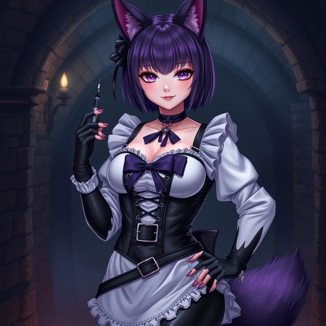 A sexy gothic semi-realistic anime kitsune girl maid, featuring striking gothic makeup and shoulder-length purple hair styled in a bun, adorned with a black hairpin