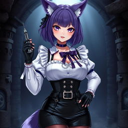 A sexy gothic semi-realistic anime kitsune girl maid, featuring striking gothic makeup and shoulder-length purple hair styled in a bun, adorned with a black hairpin