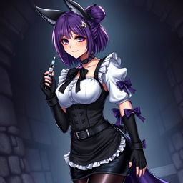 A sexy gothic semi-realistic anime kitsune girl maid, featuring striking gothic makeup and shoulder-length purple hair styled in a bun, adorned with a black hairpin