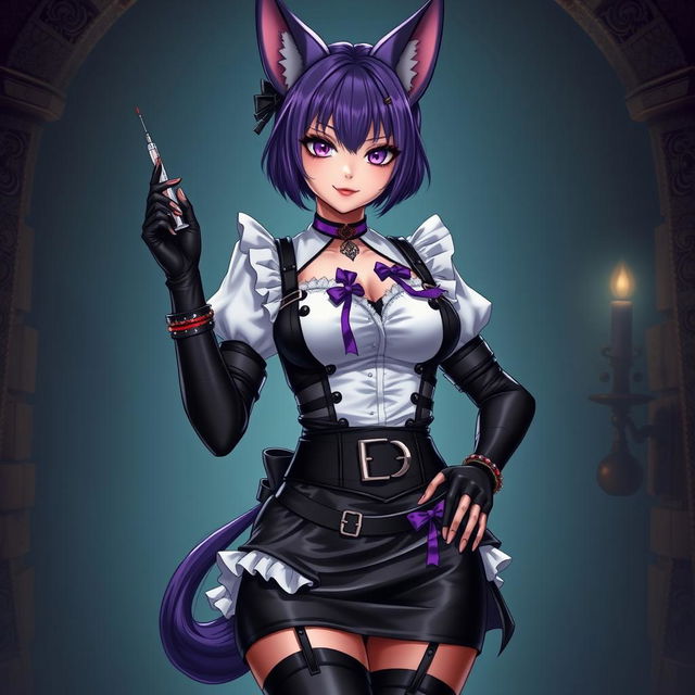 A sexy gothic semi-realistic anime kitsune girl maid, adorned with striking gothic makeup and shoulder-length purple hair styled in a bun, secured by a black hairpin