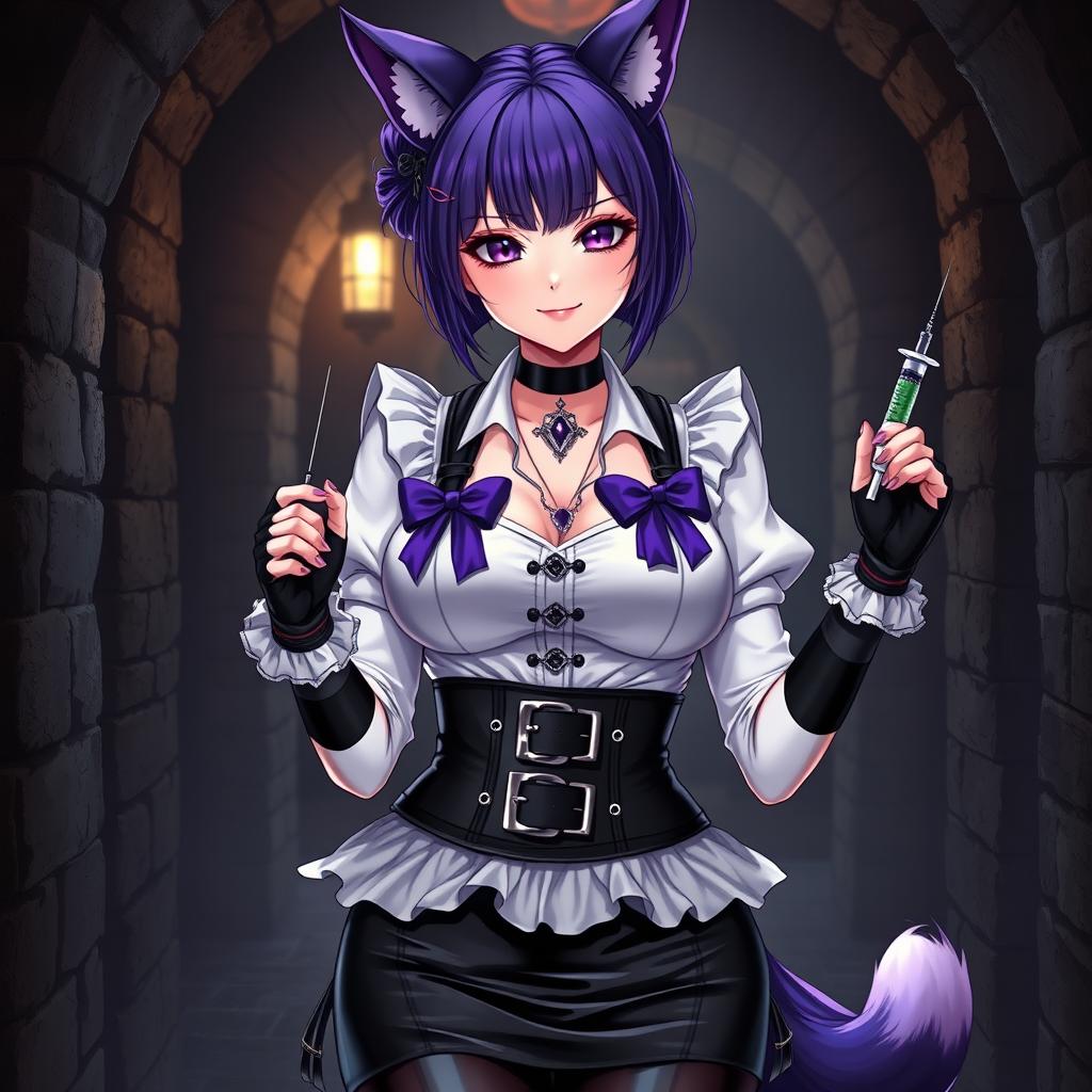 A sexy gothic semi-realistic anime kitsune girl maid, adorned with striking gothic makeup and shoulder-length purple hair styled in a bun, secured by a black hairpin