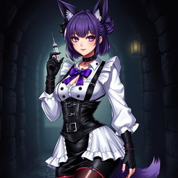 A sexy gothic semi-realistic anime kitsune girl maid, adorned with striking gothic makeup and shoulder-length purple hair styled in a bun, secured by a black hairpin