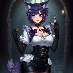A sexy gothic semi-realistic anime kitsune girl maid, showcasing striking gothic makeup and shoulder-length purple hair styled in a bun, secured with a black hairpin
