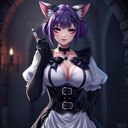 A sexy gothic semi-realistic anime kitsune girl maid, showcasing striking gothic makeup and shoulder-length purple hair styled in a bun, secured with a black hairpin