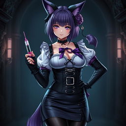 A sexy gothic semi-realistic anime kitsune girl maid, showcasing striking gothic makeup and shoulder-length purple hair styled in a bun, secured with a black hairpin