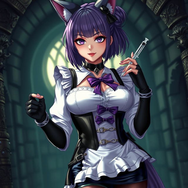 A sexy gothic semi-realistic anime kitsune girl maid, showcasing striking gothic makeup and shoulder-length purple hair styled in a bun, secured with a black hairpin